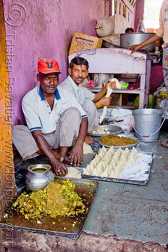 men preparing samosas - sanawad (india), baking, cooking, doe, kitchen, men, samosas, sanawad, sitting, street food