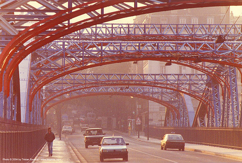 metal bridge (paris), cars, red, steel bridge, truss