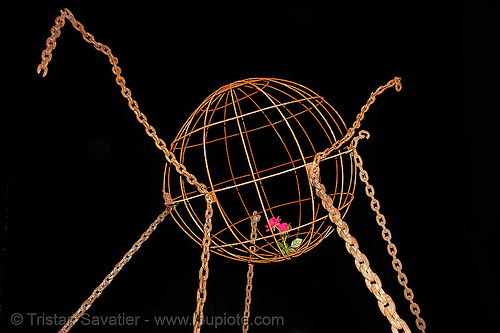 metal sculpture - globe with chains - yuri's night at nasa moffett field, chains, moffett field, nasa ames research center, rose, sculpture, sphere, yurisnight