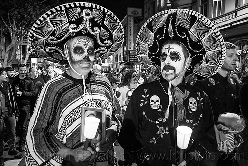 mexican costumes - two men with sombreros and sugar skull makeup - dia de los muertos, candles, day of the dead, dia de los muertos, face painting, facepaint, halloween, men, mexican hats, night, poncho, skulls, sombreros, sugar skull makeup