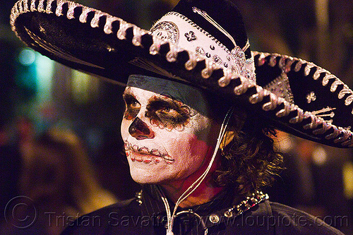 mexican sombrero - skull makeup - dia de los muertos - halloween (san francisco), day of the dead, dia de los muertos, face painting, facepaint, halloween, man, mexican hat, night, sombrero, sugar skull makeup