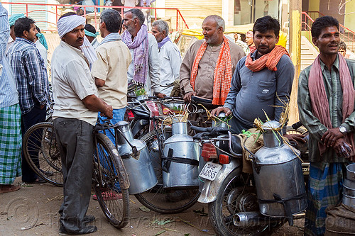 milkmen at bulk milk market (india), doodh-wallah, men, milk man, milk market, street seller, varanasi