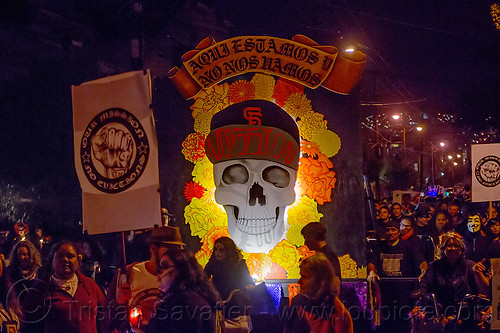 mission skull - dia de los muertos (san francisco), day of the dead, decorated skull, dia de los muertos, float, flowers, halloween, marigold, night