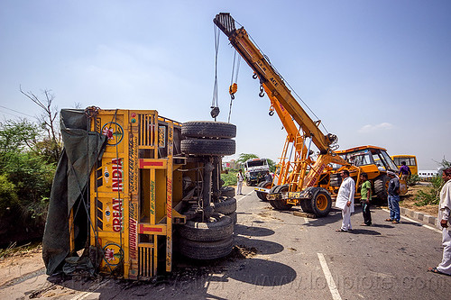 mobile cranes lift overturned truck semi-trailer (india), ace 12xw, artic, articulated truck, at work, crane truck, crash, lorry accident, men, mobile crane, overturned, pradhan cranes, road, semi-trailer, tata motors, tractor trailer, traffic accident, truck accident, working, yellow