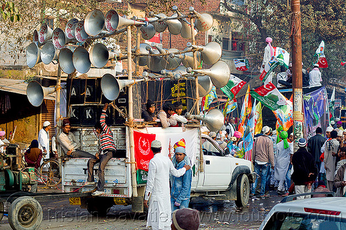 mobile sound truck - eid-milad-un-nabi muslim festival (india), bullhorns, crowd, eid e milad un nabi, eid e milād un nabī, islam, loudspeakers, mawlid, men, muhammad's birthday, muslim festival, muslim parade, nabi day, pickup truck, prophet's birthday, sound, speakers, عید میلاد النبی, ईद मिलाद नबी