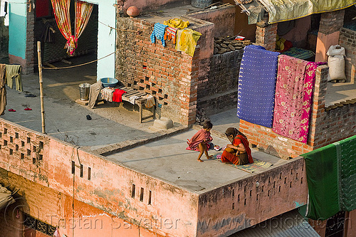 mother and children on house terrace (india), brick house, building, children, kids, mother, woman