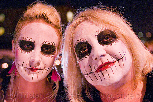 mother and daughter with white skull makeup - día de los muertos - halloween (san francisco), daughter, day of the dead, dia de los muertos, face painting, facepaint, halloween, makeup, mother, night, woman