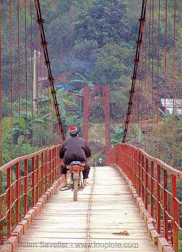 motorcycle on suspension bridge, motorcycle, red, rider, riding, suspension bridge