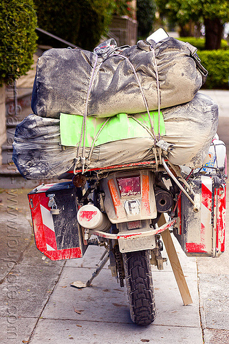 motorcycle with luggage - klr 650, dirty, dual-sport, duffle bags, klr 650, luggage rack, luggages, motorcycle touring, overloaded, pannier bags, pannier cases, panniers, playa dust, rear