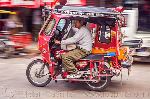 motorized tricycle (philippines), bontoc, colorful, driver, man, motorcycle, motorized tricycle, sidecar, sitting, tricycle philippines
