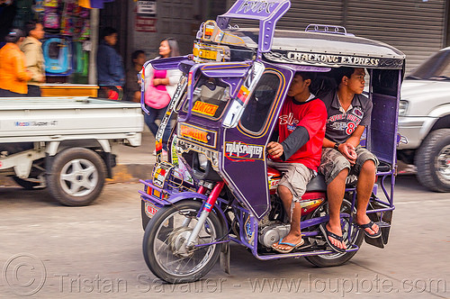 motorized tricycle (philippines), bontoc, colorful, driver, men, motorcycle, motorized tricycle, passenger, sidecar, sitting, tricycle philippines