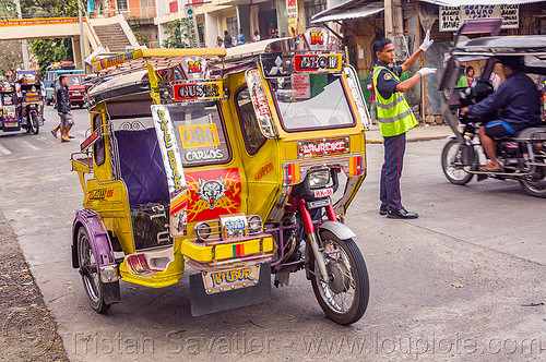 motorized tricycles (philippines), bontoc, colorful, man, motorcycles, motorized tricycle, policeman, reflective vest, safety vest, sidecar, traffic police, tricycle philippines
