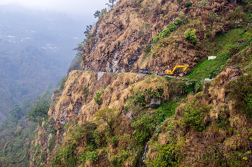 mountain road along cliff in sikkim (india), cliff, excavator, mountains, road, sikkim