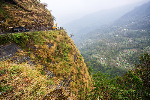 mountain road on cliff - sikkim (india), cliff, excavator, mountains, road, sikkim