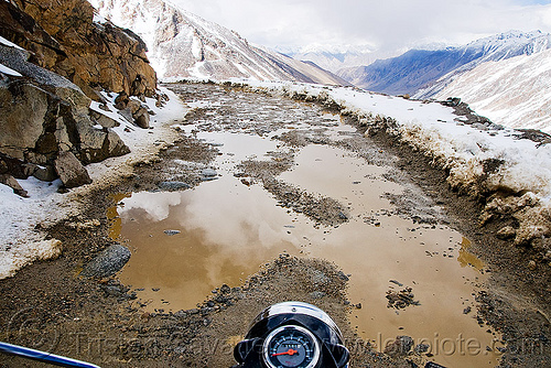 muddy road - khardungla pass - ladakh (india), khardung la pass, ladakh, motorcycle touring, mountain pass, mountains, mud, road, royal enfield bullet, snow