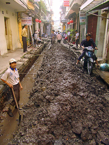 muddy street - vietnam, groundwork, hanoi, men, mud, muddy, road construction, roadworks, underbone motorcycle