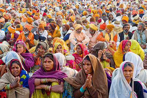 multicolor crowd of hindu pilgrims - kumbh mela 2013 (india), ashram, crowd, hindu pilgrimage, hinduism, holy prasad, kumbh mela, men, pilgrims, women