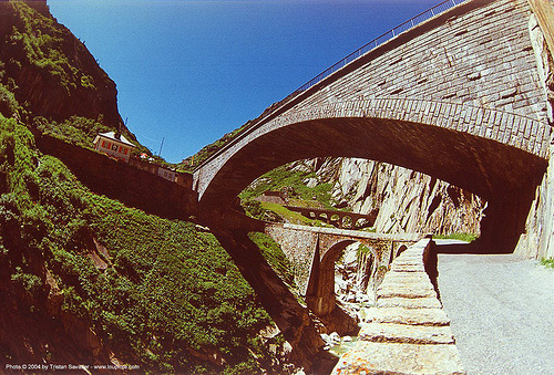 multiple bridges in narrow valley (switzerland), arches, bridges, mountain, road, switzerland, vaults