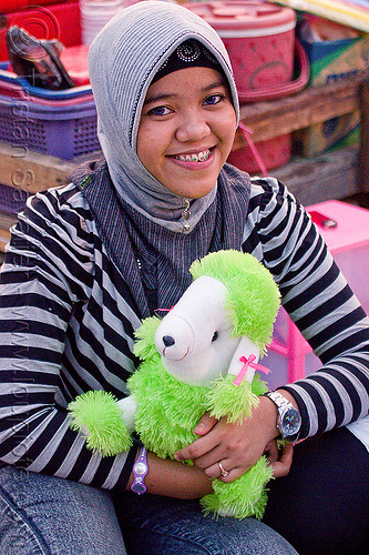 muslim girl with stuffed animal, eid ul-fitr, fatahillah square, girl, hijab, jakarta, muslim fashion, stuffed animal, taman fatahillah, woman