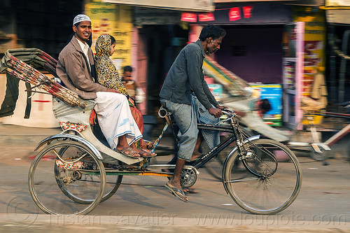 muslim man and girl on cycle rickshaw (india), cycle rickshaw, girl, men, moving, passengers, riding, varanasi