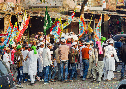 muslim men holding flags at street parade - eid-milad-un-nabi muslim festival (india), crowd, eid e milad un nabi, eid e milād un nabī, islam, mawlid, men, muhammad's birthday, muslim festival, muslim parade, nabi day, prophet's birthday, عید میلاد النبی, ईद मिलाद नबी