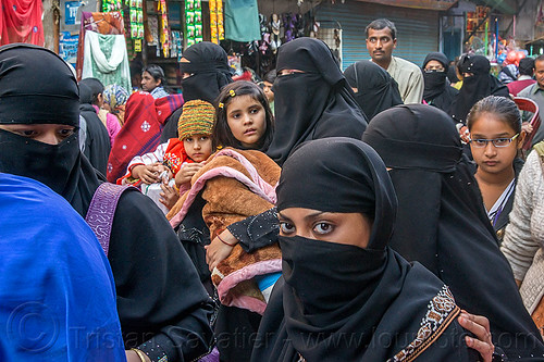 muslim women wearing niqab (india), children, crowd, delhi, girls, indian women, islam, kids, men, muslim, niqab