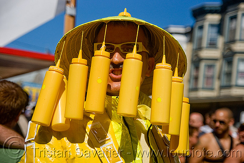 mustard costume - bruce beaudette - dore alley fair (san francisco), bruce beaudette, costume, hat, man, mustard bottles, yellow