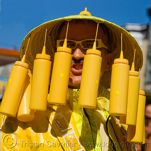 mustard man - up your alley fair (san francisco), bruce beaudette, costume, man, mustard bottles, straw hat, yellow