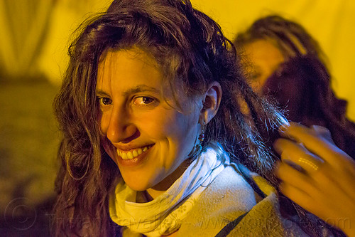 my friend jasmin at kumbh mela 2013, hindu pilgrimage, hinduism, hippie, kumbh mela, night, rainbow camp, woman