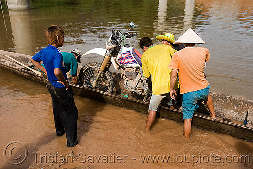 my motorcycle on a very small river-crossing boat (laos), 250cc, dual-sport, ferry boat, honda motorcycle, honda xr 250, kong lor, motorcycle touring, river boats, river crossing, river ferry, road, rowing boat, small boat, wading