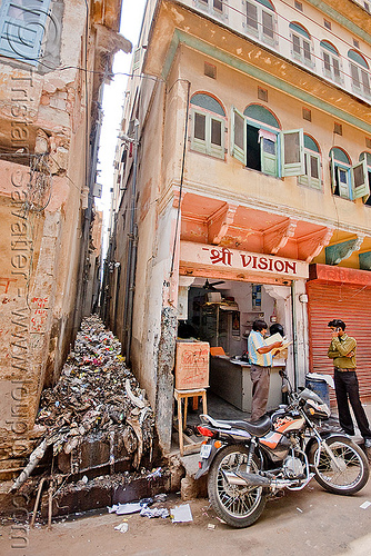 narrow alley filled with plastic trash - jaipur (india), environment, garbage, jaipur, motorcycle, plastic trash, pollution, single use plastics