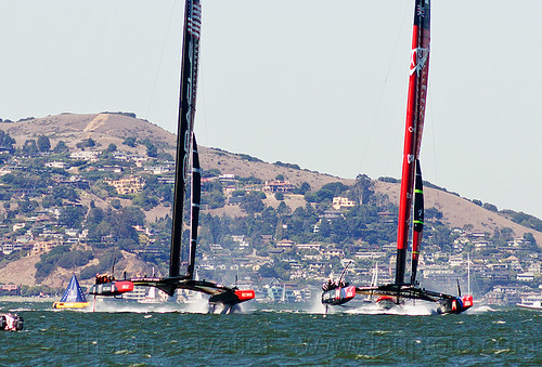 neck and neck - hydrofoil catamarans, ac72, america's cup, bay, boats, emirates team new zealand, fast, foiling, hydrofoil catamarans, hydrofoiling, ocean, oracle team usa, race, racing, sailboat, sailing hydrofoils, sea, ships, speed