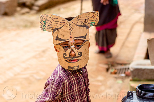 nepali boy with homemade cardboard mask (nepal), bhaktapur, boy, cardboard, child, kid, mask, mustache, playing
