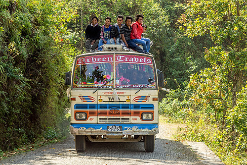 nepali on top of local bus (nepal), bus, front, men, nuwakot, road, roof, sitting, tata motors