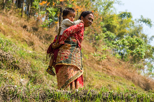 nepali woman carrying little boy on her back (nepal), boy, carrying, child, kid, woman