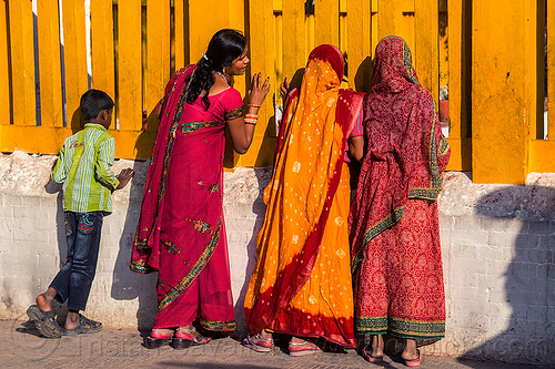 nepali women in sari looking through temple fence (nepal), boy, budhanikantha temple, child, fence, kid, red, sarees, saris, women