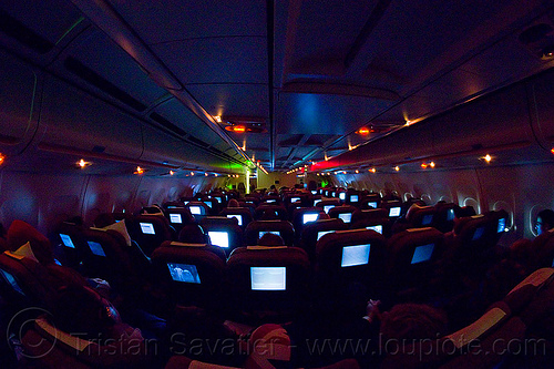 night flight - airbus a340 passenger cabin - glowing screens, airbus a340, flight lx-39, glowing, inside, interior, night, passenger cabin, passenger plane, swiss air, swiss international air lines, vanishing point, video screens
