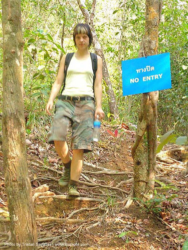 ทางปิด - no entry sign - thailand, forest, hiking, no entry, no trespassing, roots, sign, trail, trees, woman, ทางปิด