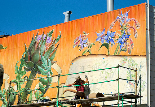 noe valley mural by mona caron (san francisco), artichoke, caron, flowers, mural, orange, paint, painter, painting, scaffolding