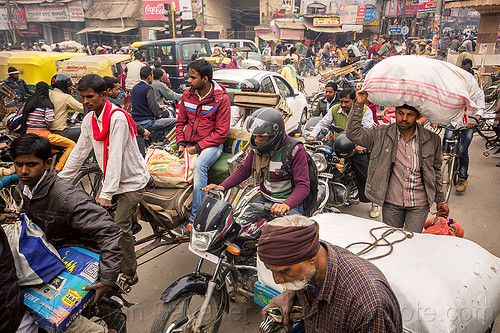 normal traffic jam in busy street (india), bicycles, bikes, carrying, crowd, cycle rickshaws, gridlock, motorcycles, sacks, traffic jam, varanasi