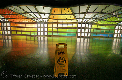 o'hare light tunnel - chicago o'hare international airport - caution wet floor sign, airport lobby, caution, chicago, light tunnel, o'hare, ord, sign, wet floor