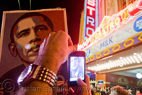 obama gets elected in san francisco - castro street - iphone - blogging, cnn ireport, election 08, election night, iphone, obama election, president, real-time blogging, street party, united states presidential election, yes we can