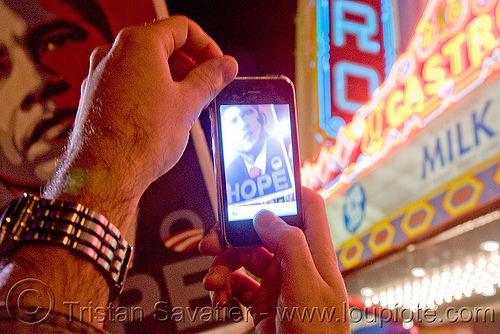 obama gets elected in san francisco - hope - castro street - iphone - blogging, cnn ireport, election 08, election night, elections, hope poster, iphone, obama election, president, real-time blogging, street party, united states presidential election, yes we can
