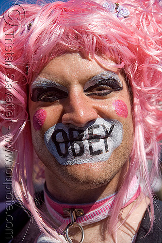 obey makeup - man with pink wig - dore alley fair (san francisco), makeup, man, obey, pink wig