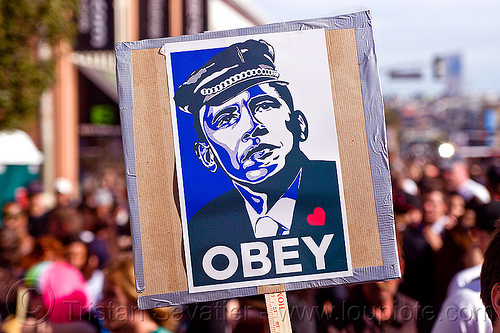 "obey" spoof of obama's "hope" poster, crowd, election poster, election sign, elections, hope poster, man, obama, obey, shepard fairey spoof