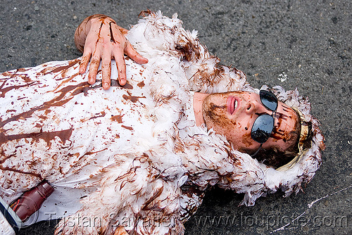 oiled bird costume - bp oil spill disaster, bay to breakers, bp oil spill, crude oil, feathers, footrace, laying down, man, oil pollution, oil-soaked bird, oiled bird costume, street party, sunglasses, white