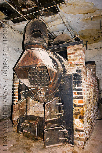 old brick furnace in basement, basement, boiler, brick, heating furnace, rusty