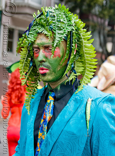 old gregg costume - green man, bay to breakers, blue jacket, costume, ferns, footrace, headdress, leaves, man, old greg, old gregg, plant, street party