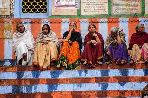 old hindu people sitting on ghat - varanasi (india), ghats, indian women, man, row, sitting, varanasi