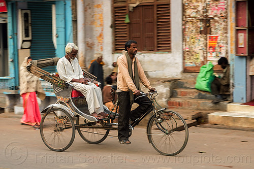 old man with white hair on cycle rickshaw (india), cycle rickshaw, men, moving, napping, sleeping, varanasi, white hair